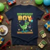 Birthday Boy Dinosaur T-Shirt design with a green T-Rex on a skateboard holding balloons and a gift