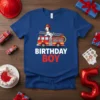 Birthday Boy t-shirt with a dalmatian dog on a fire truck graphic, designed for kids celebrating their birthday
