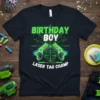 Birthday Boy Laser Tag Champ text design with neon green laser guns and target graphic