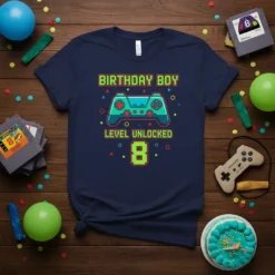 Birthday Boy Level Unlocked 8 Gamer T-Shirt with video game controller graphic and number 8