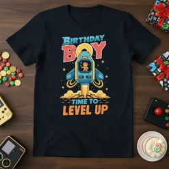 Birthday Boy Time To Level Up t-shirt design with rocket graphic and gaming theme