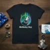 Birthday Boy t-shirt design with a howling wolf graphic inside a circle and colorful aurora borealis background