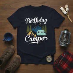 Birthday Camper T-Shirt with graphic of a camper, tent, campfire, mountains, and stars