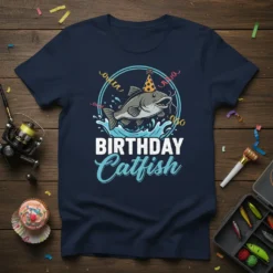 Birthday Catfish T-Shirt featuring a cartoon catfish wearing a party hat, surrounded by confetti and water splashes. The text "BIRTHDAY