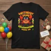 Birthday Crab Celebration Mode On text with a cartoon crab and balloons graphic on a black t-shirt
