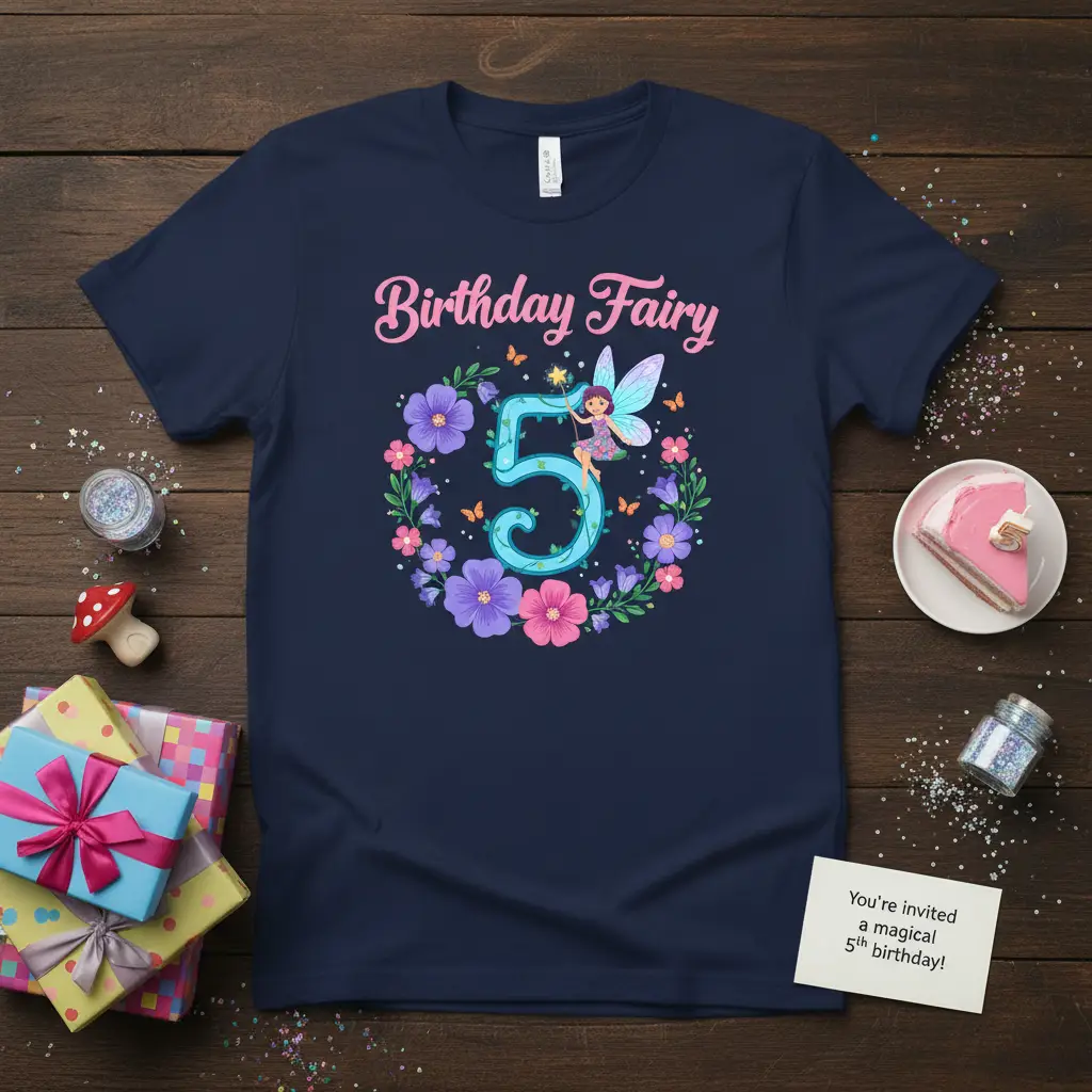 Birthday Fairy 5 design with a whimsical fairy, number five, and floral wreath, perfect for a 5th birthday celebration