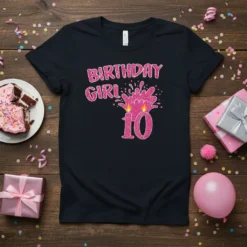 Birthday Girl 10 text design with pink glitter graphics and candles on a black t-shirt