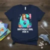 Birthday Girl Age 6 mermaid themed t-shirt with number 6, mermaid, and seahorse graphic