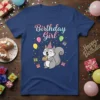 Birthday Girl t-shirt with cute squirrel holding cake, party balloons, and confetti