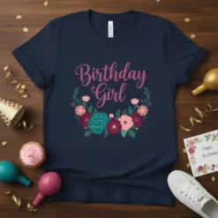 Birthday Girl text with floral wreath graphic on a navy blue t-shirt