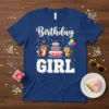 Birthday Girl t-shirt design with a fox, cat, and cake, decorated with balloons and confetti