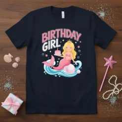 Birthday Girl text with a cute mermaid holding a cake on a navy blue t-shirt