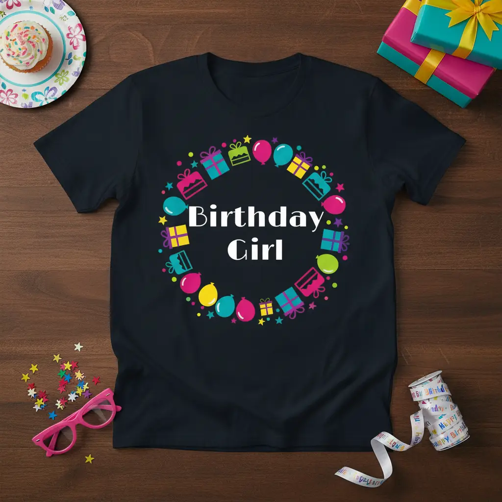 Birthday Girl text with colorful gifts, balloons, and stars graphic on a black t-shirt
