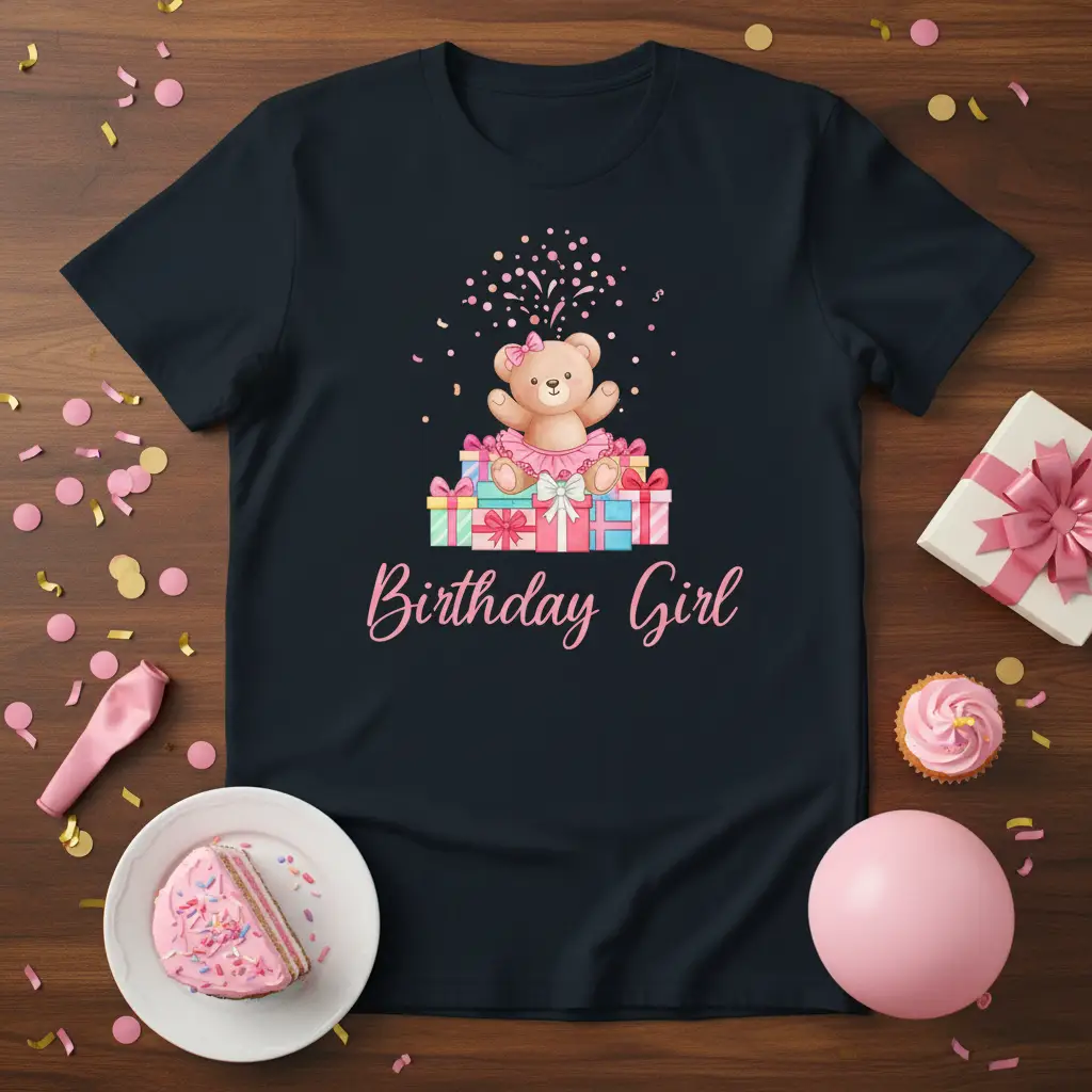 Birthday Girl text and cute teddy bear graphic on a black t-shirt, ideal for kids' birthday parties