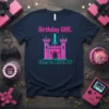 Birthday Girl time to LEVEL UP text with pixelated castle and sword graphic on a navy t-shirt