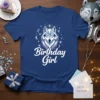 Birthday Girl text with a fierce wolf graphic and starry night elements on a blue t-shirt