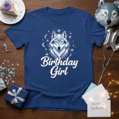 Birthday Girl text with a fierce wolf graphic and starry night elements on a blue t-shirt