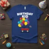 Birthday Kid t-shirt with colorful balloons and a red wagon, perfect for a child's birthday celebration