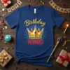 Blue t-shirt with "Birthday KING" text and a golden crown graphic, celebrating a birthday boy