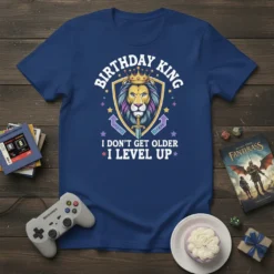 Birthday King I Don't Get Older I Level Up gamer t-shirt with lion graphic and gaming icons