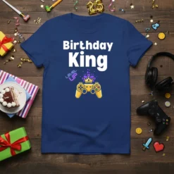 Birthday King Level Up text with a golden video game controller and crown graphic on a navy blue t-shirt