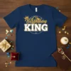 Navy blue t-shirt with "Birthday KING" in gold and white lettering, featuring a lion graphic and crown
