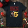 Birthday Ninja 5 design on a dark t-shirt, featuring a cartoon ninja character and the number 5, with red text
