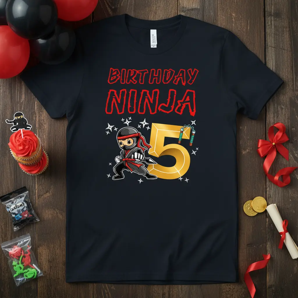 Birthday Ninja 5 design with cartoon ninja and number five, red text for a fifth birthday celebration