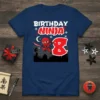 Birthday Ninja 8 T-Shirt design featuring a red ninja character jumping with a sword, the number 8, and "BIRTHDAY NINJA"