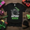 Birthday Ninja t-shirt design featuring a cartoon ninja in action with green glowing sword and shurikens