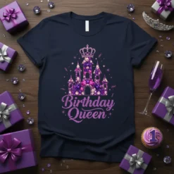 Birthday Queen t-shirt design with a glittery purple castle and crown graphic, perfect for a birthday girl