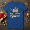 Blue t-shirt with gold "BIRTHDAY Queen" text and a silver crown graphic with red jewels