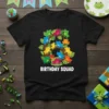 Birthday Squad T-Shirt with colorful frogs arranged on a branch graphic, white text below