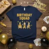 Birthday Squad t-shirt with king, queen, and jack playing card characters in yellow and gold, celebrating a birthday
