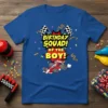Birthday Squad of the Boy t-shirt with a red race car, checkered flags, and confetti