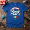 Birthday Swag BOY t-shirt design with retro boombox, balloons, and confetti. Features bold white and yellow text with red accents