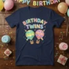 Birthday Twins T-Shirt with colorful hot air balloons and festive accents, perfect for twin birthday celebrations