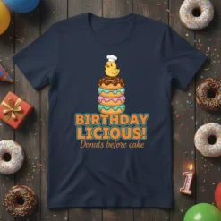 Birthdaylicious! Donuts before cake t-shirt design featuring a chick wearing a chef's hat on a stack of donuts