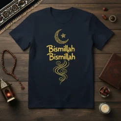Navy t-shirt featuring the golden Arabic phrase "Bismillah Bismillah" with a crescent moon and star design above flowing lines