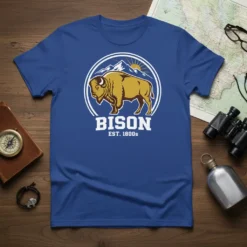Vintage Bison Est. 1800s graphic t-shirt design with a majestic bison illustration, mountains, and sun