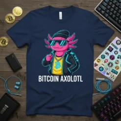 Bitcoin Axolotl t-shirt design featuring a pink axolotl wearing sunglasses, a beanie, and a jacket, with the text BITCOIN AXOLOTL