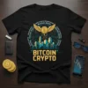 Bitcoin Crypto t-shirt design with winged Bitcoin logo, city skyline, and circuit board pattern