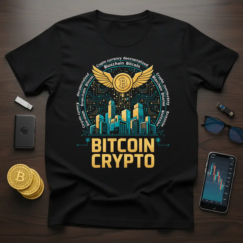 Bitcoin Crypto design featuring winged Bitcoin logo, city skyline, and circuit board elements on a black tee