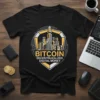 Bitcoin Decentralized Digital Money t-shirt design with cityscape graphic and cryptocurrency emblem