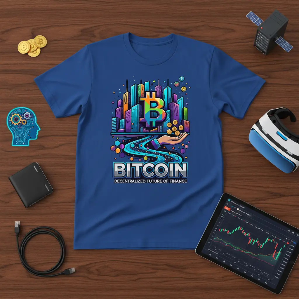 Bitcoin Decentralized Future Of Finance graphic tee with colorful skyscrapers and Bitcoin symbol