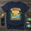 Bitcoin Retirement Plan t-shirt design featuring a yacht, palm trees, and Bitcoin logo
