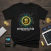 Black t-shirt with "BITCOIN REVOLUTION DIGITAL GOLD" text and a golden Bitcoin logo surrounded by circuits