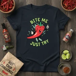 Bite Me Just Try funny chili pepper t-shirt design with playful typography and a cartoon pepper character