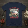Bite The Hand That Oppresses You quote with a biting rabbit graphic on a navy t-shirt