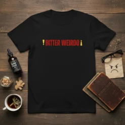 Black t-shirt with red and yellow text that reads "! Bitter Weirdo !"